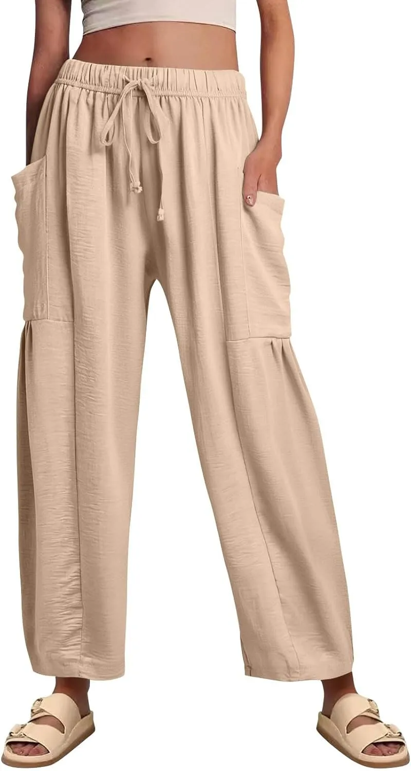 Summer Casual Pants for Women Linen Drawstring Loose Wide Leg Pants Flowy High Waisted Solid 2025 Trouser Multi-Pocket