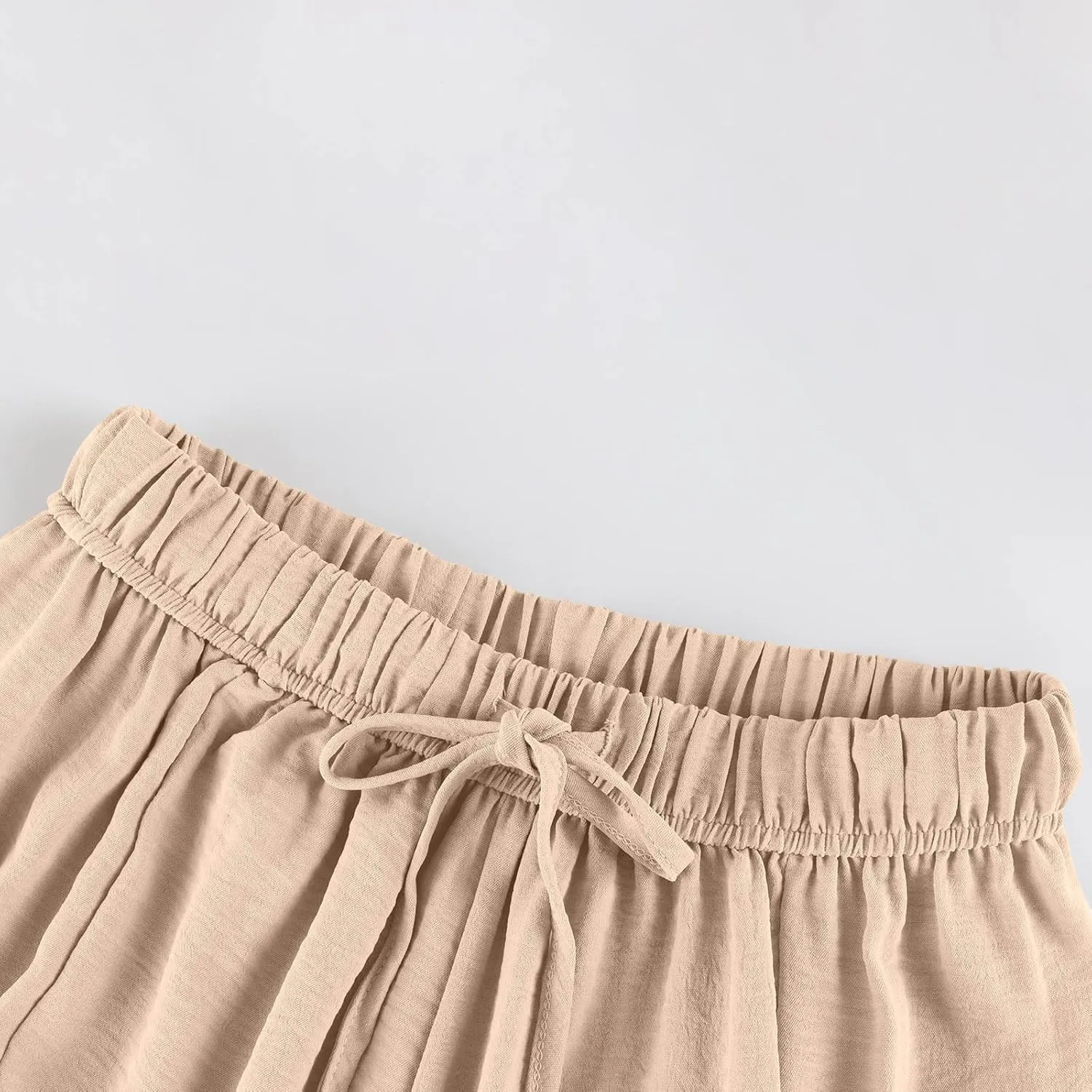Summer Casual Pants for Women Linen Drawstring Loose Wide Leg Pants Flowy High Waisted Solid 2025 Trouser Multi-Pocket