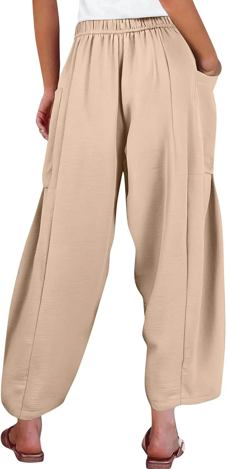 Summer Casual Pants for Women Linen Drawstring Loose Wide Leg Pants Flowy High Waisted Solid 2025 Trouser Multi-Pocket