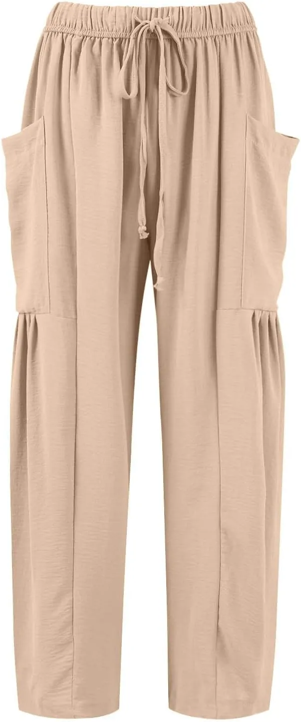 Summer Casual Pants for Women Linen Drawstring Loose Wide Leg Pants Flowy High Waisted Solid 2025 Trouser Multi-Pocket