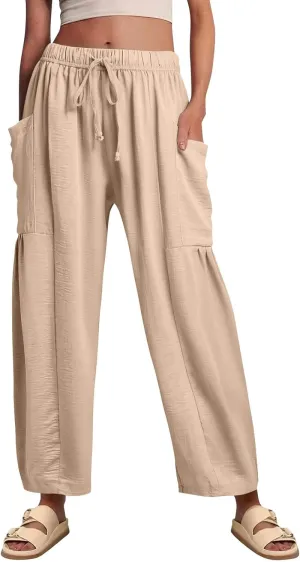 Summer Casual Pants for Women Linen Drawstring Loose Wide Leg Pants Flowy High Waisted Solid 2025 Trouser Multi-Pocket