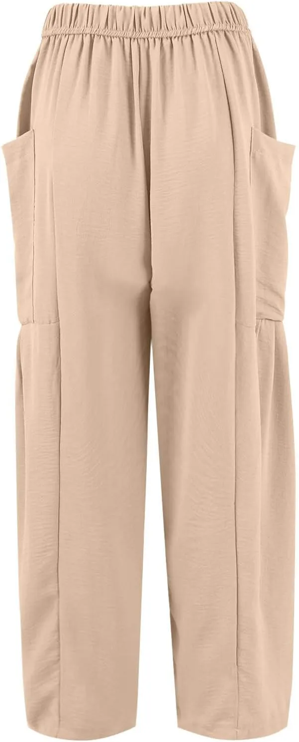 Summer Casual Pants for Women Linen Drawstring Loose Wide Leg Pants Flowy High Waisted Solid 2025 Trouser Multi-Pocket