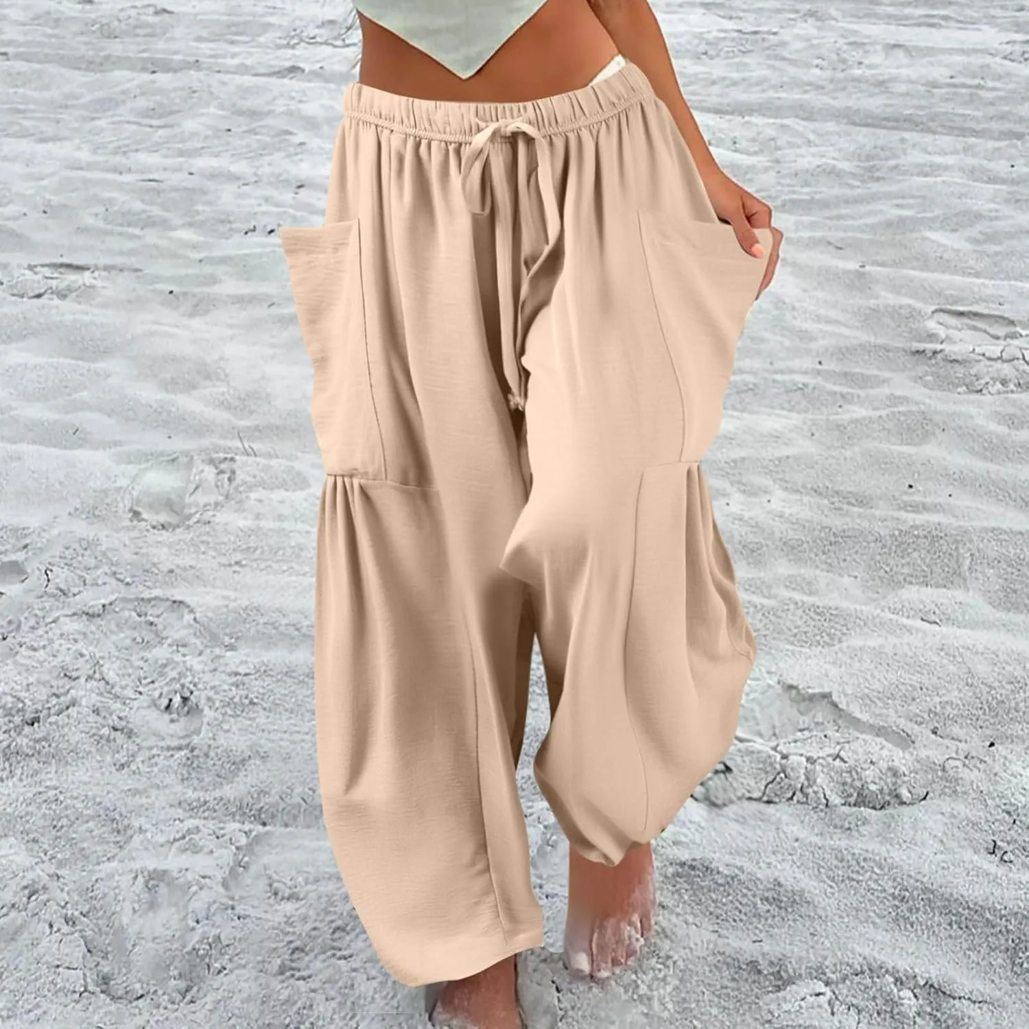 Summer Casual Pants for Women Linen Drawstring Loose Wide Leg Pants Flowy High Waisted Solid 2025 Trouser Multi-Pocket