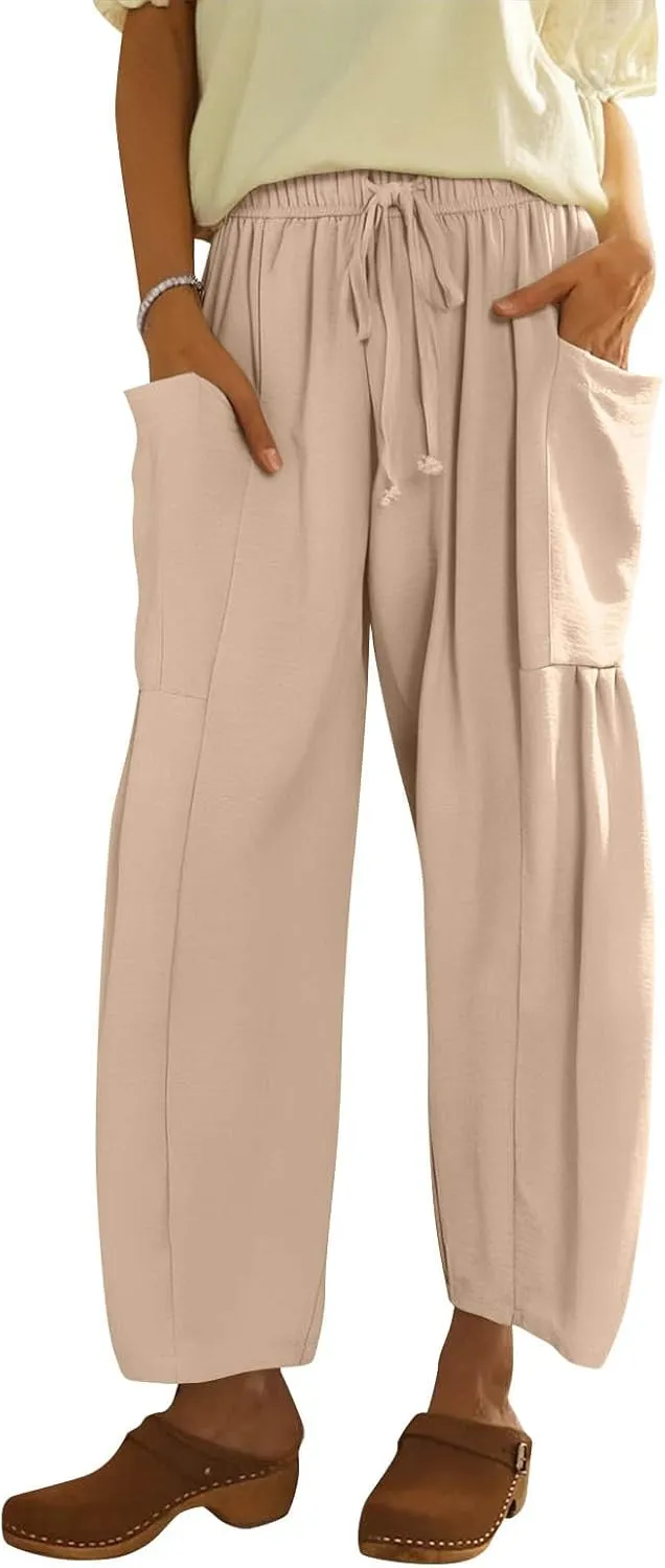 Summer Casual Pants for Women Linen Drawstring Loose Wide Leg Pants Flowy High Waisted Solid 2025 Trouser Multi-Pocket