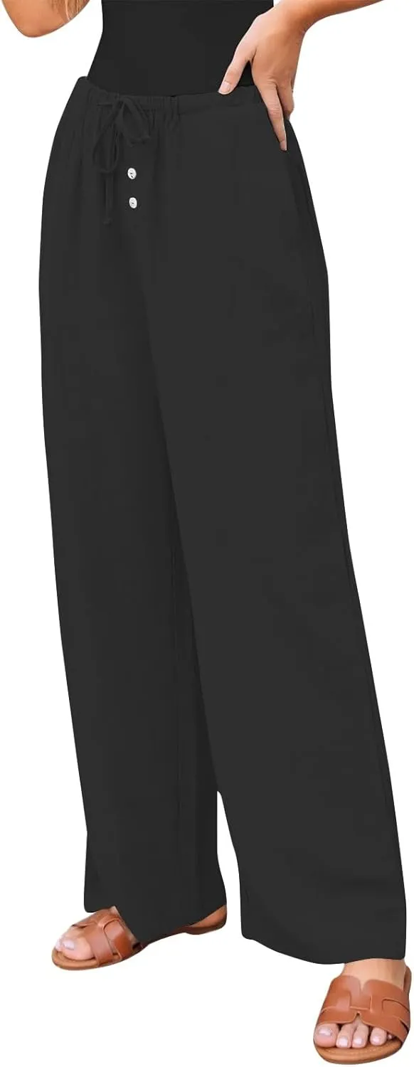 Summer Pants for Women Baggy Linen Elastic 2025 Pants Wide Leg Beach High Waisted with Pocket Solid Outfit Resort Wear
