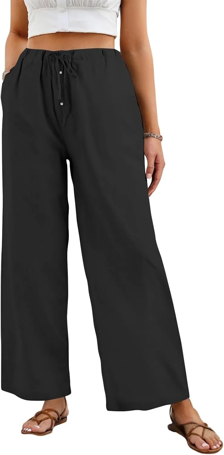 Summer Pants for Women Baggy Linen Elastic 2025 Pants Wide Leg Beach High Waisted with Pocket Solid Outfit Resort Wear