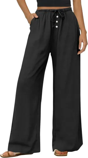 Summer Pants for Women Baggy Linen Elastic 2025 Pants Wide Leg Beach High Waisted with Pocket Solid Outfit Resort Wear