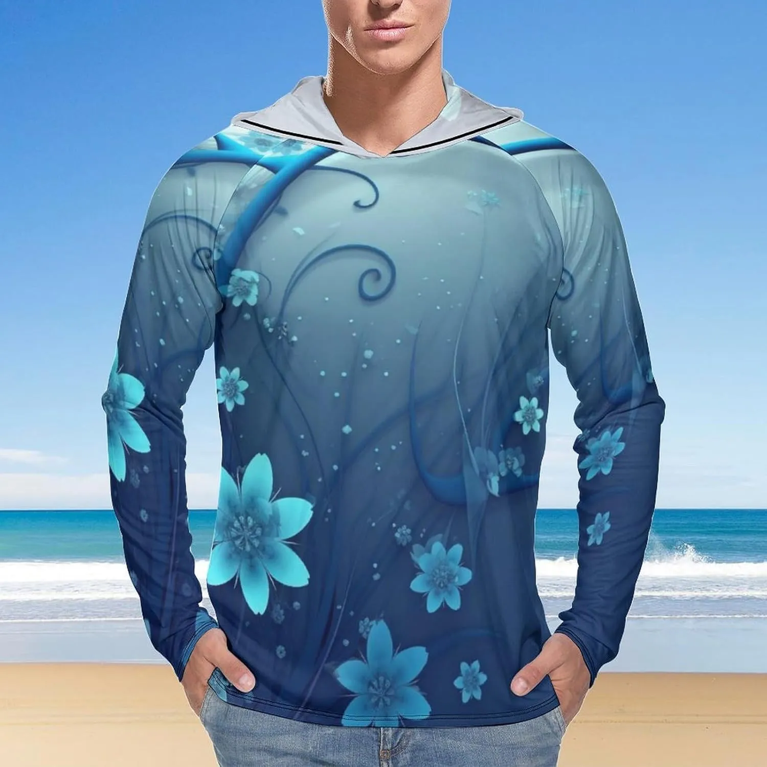Sun Protection Shirt Long Sleeve Hoodie Blue Mini Flower Swirl Lightweight Rash Guard Quick Dry Sun Shirt for Outdoor