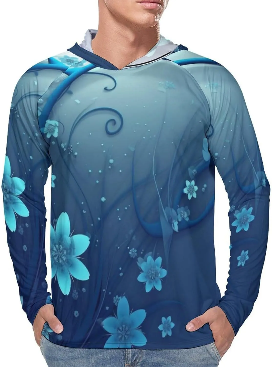 Sun Protection Shirt Long Sleeve Hoodie Blue Mini Flower Swirl Lightweight Rash Guard Quick Dry Sun Shirt for Outdoor
