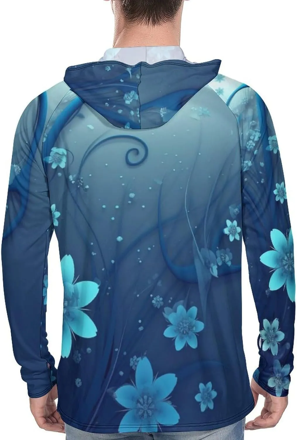Sun Protection Shirt Long Sleeve Hoodie Blue Mini Flower Swirl Lightweight Rash Guard Quick Dry Sun Shirt for Outdoor
