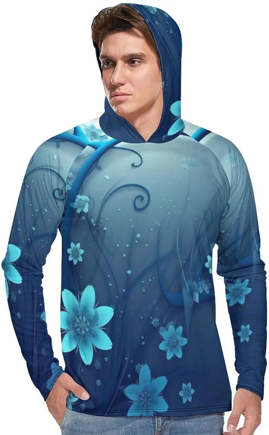 Sun Protection Shirt Long Sleeve Hoodie Blue Mini Flower Swirl Lightweight Rash Guard Quick Dry Sun Shirt for Outdoor