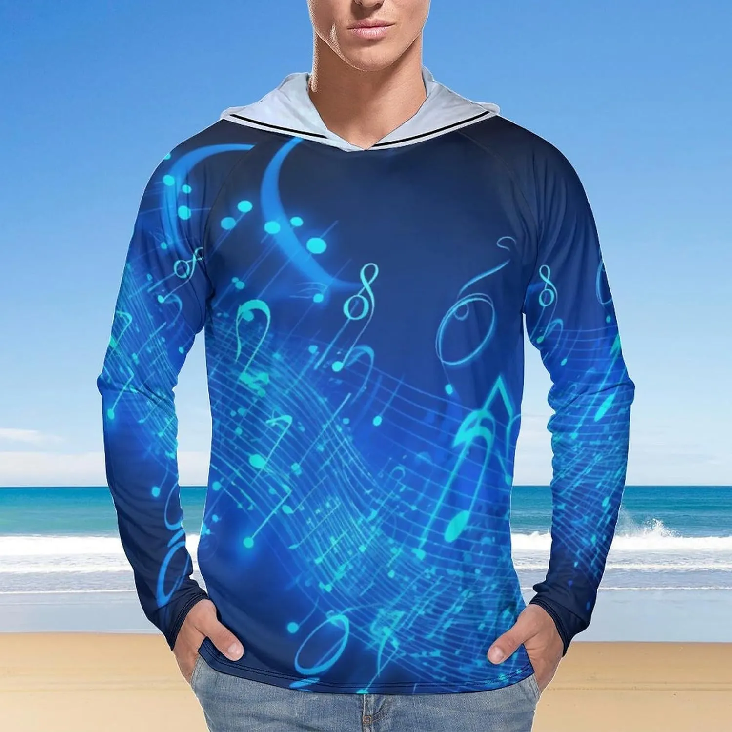 Sun Protection Shirt Long Sleeve Hoodie Blue Musical Notes Lightweight Rash Guard Quick Dry Sun Shirt for Outdoor