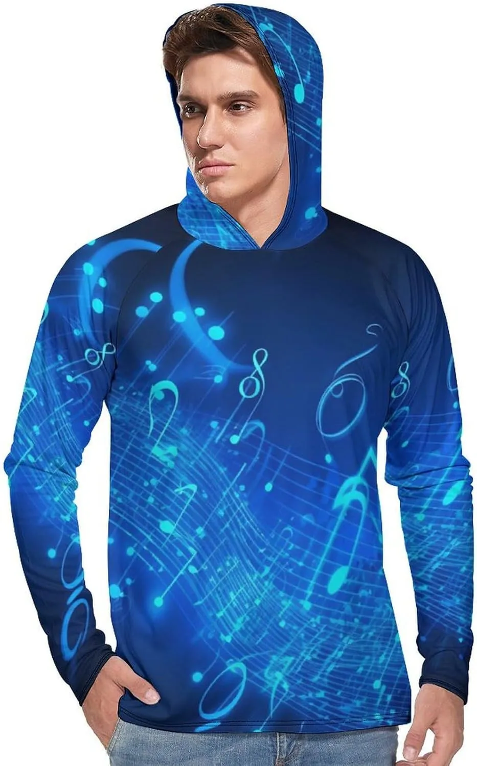 Sun Protection Shirt Long Sleeve Hoodie Blue Musical Notes Lightweight Rash Guard Quick Dry Sun Shirt for Outdoor