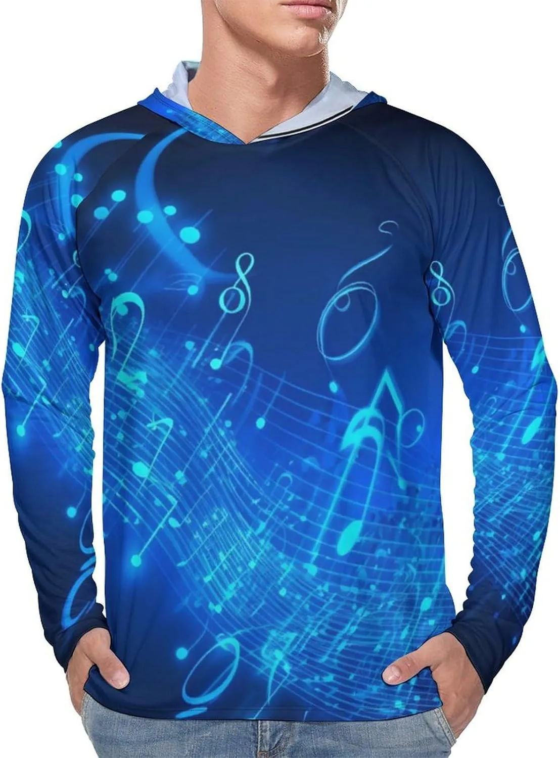 Sun Protection Shirt Long Sleeve Hoodie Blue Musical Notes Lightweight Rash Guard Quick Dry Sun Shirt for Outdoor