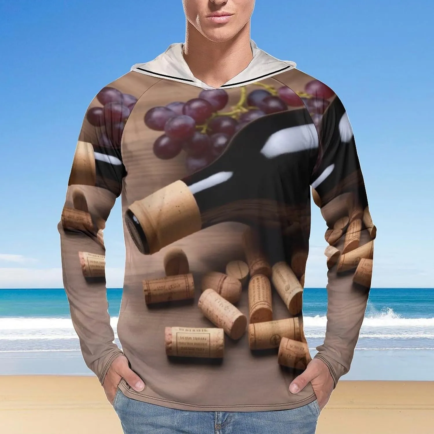 Sun Protection Shirt Long Sleeve Hoodie Wine Bottle Corks Grapes Lightweight Rash Guard Quick Dry Sun Shirt for Outdoor