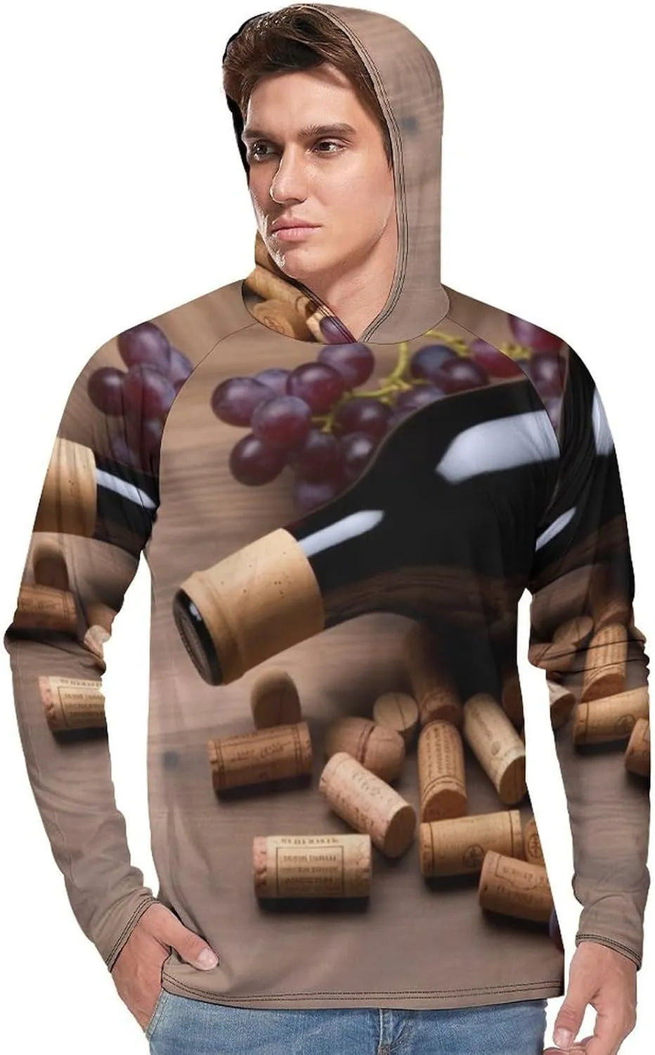 Sun Protection Shirt Long Sleeve Hoodie Wine Bottle Corks Grapes Lightweight Rash Guard Quick Dry Sun Shirt for Outdoor