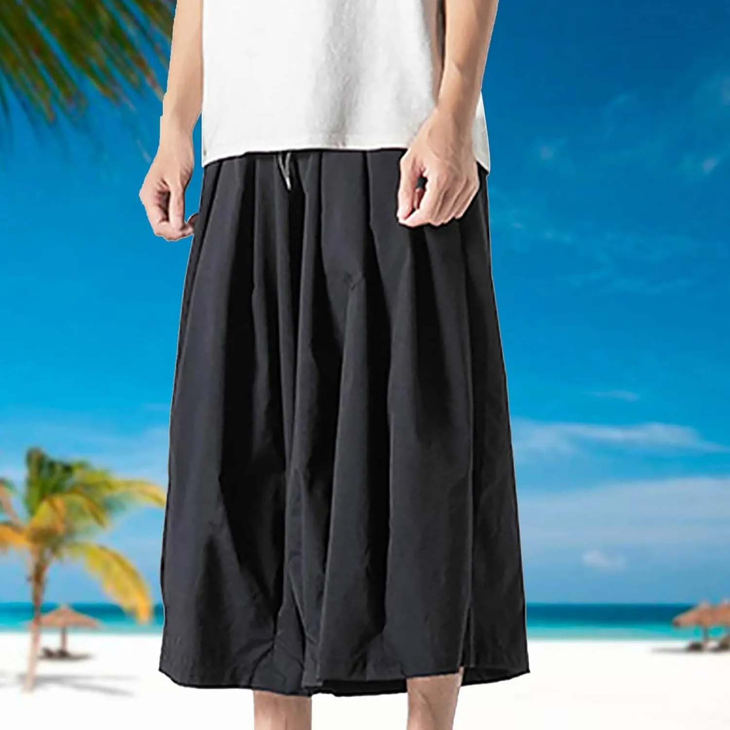 SUWBMHWE Harem Pants Baggy Linen Men Long Shorts Summer Beach Trouser Hippie Lounge Japanese for Graphic Wide-Leg Trousers