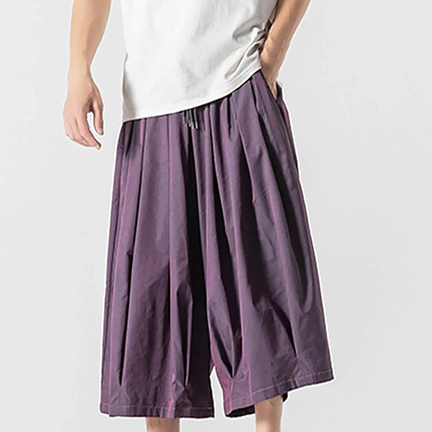 SUWBMHWE Harem Pants Baggy Linen Men Long Shorts Summer Beach Trouser Hippie Lounge Japanese for Graphic Wide-Leg Trousers