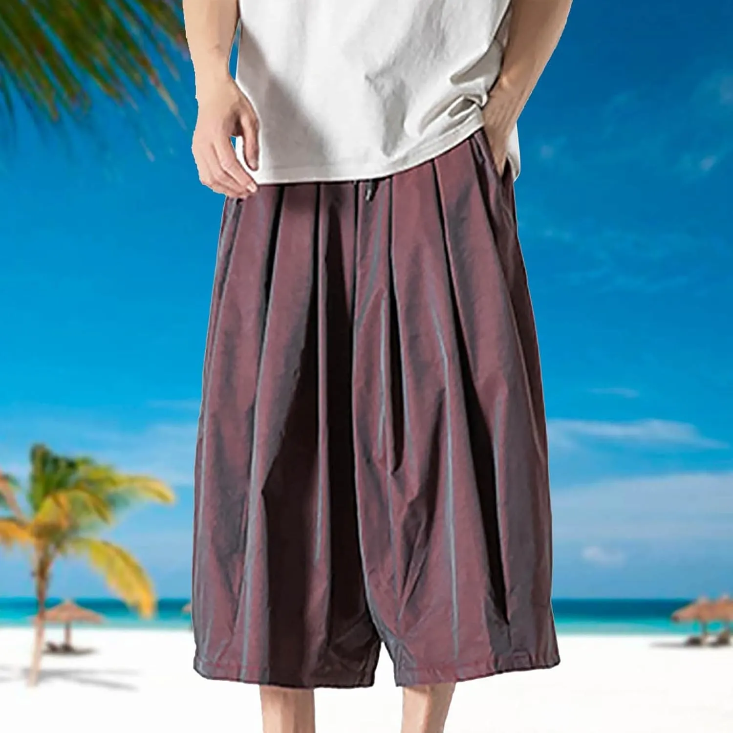 SUWBMHWE Harem Pants Baggy Linen Men Long Shorts Summer Beach Trouser Hippie Lounge Japanese for Graphic Wide-Leg Trousers