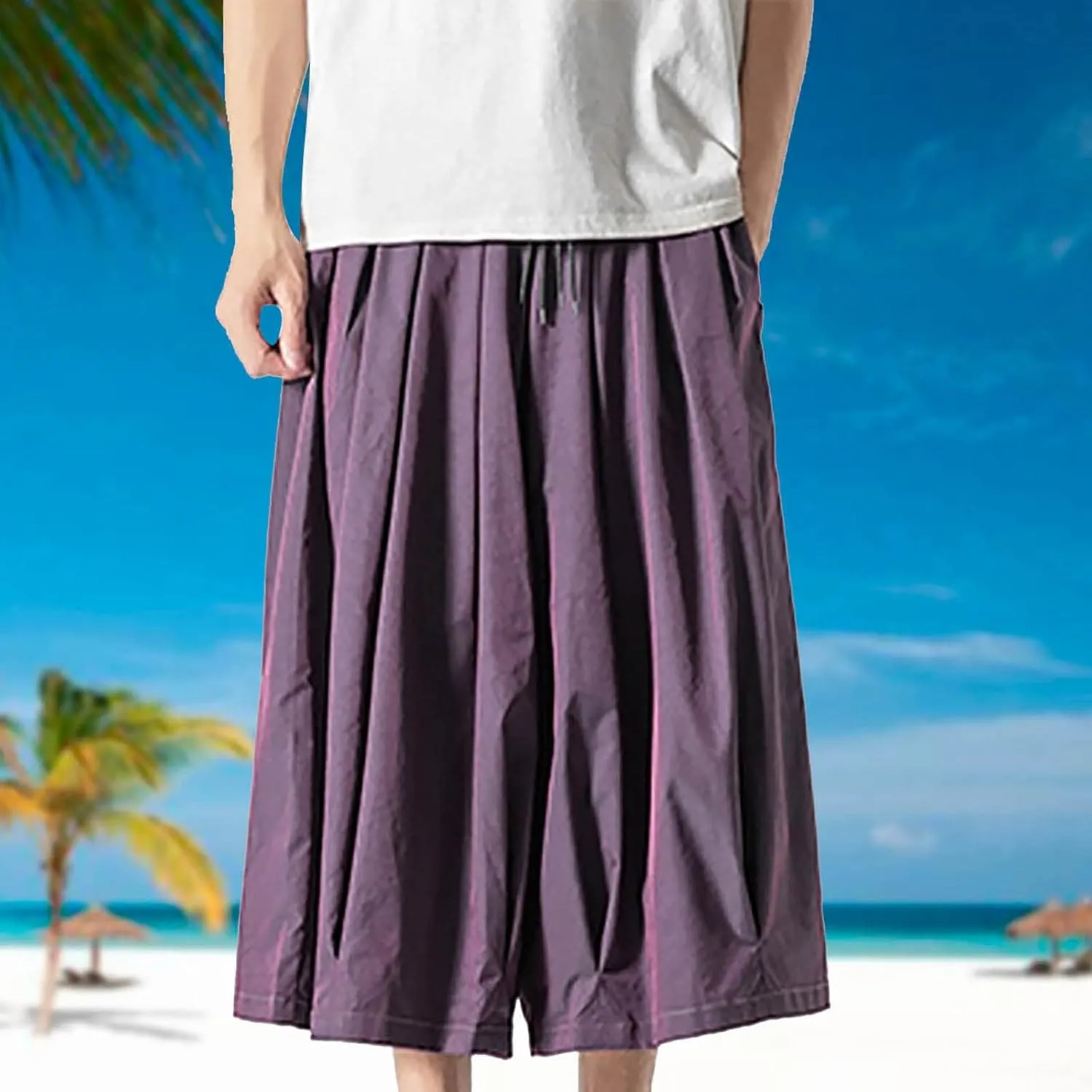 SUWBMHWE Harem Pants Baggy Linen Men Long Shorts Summer Beach Trouser Hippie Lounge Japanese for Graphic Wide-Leg Trousers