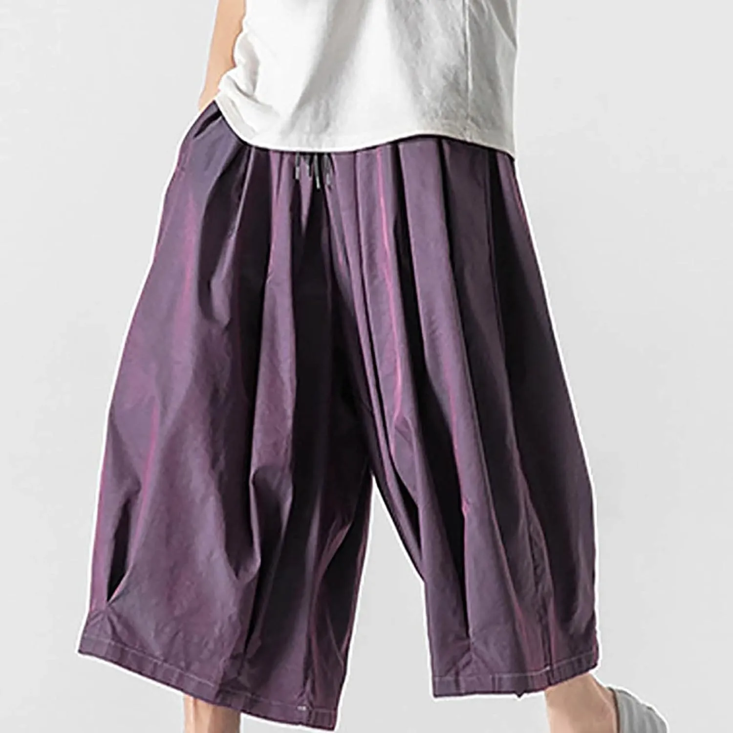SUWBMHWE Harem Pants Baggy Linen Men Long Shorts Summer Beach Trouser Hippie Lounge Japanese for Graphic Wide-Leg Trousers
