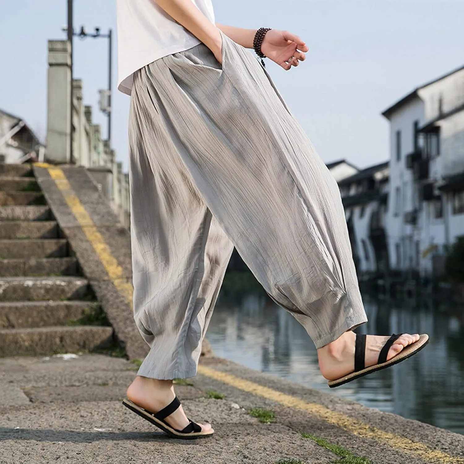 SUWBMHWE Hippie Pants Men Harem Y2k Aesthetic Lounge Men's Linen Summer with Pockets Mens Long Shorts Oversized Trousers