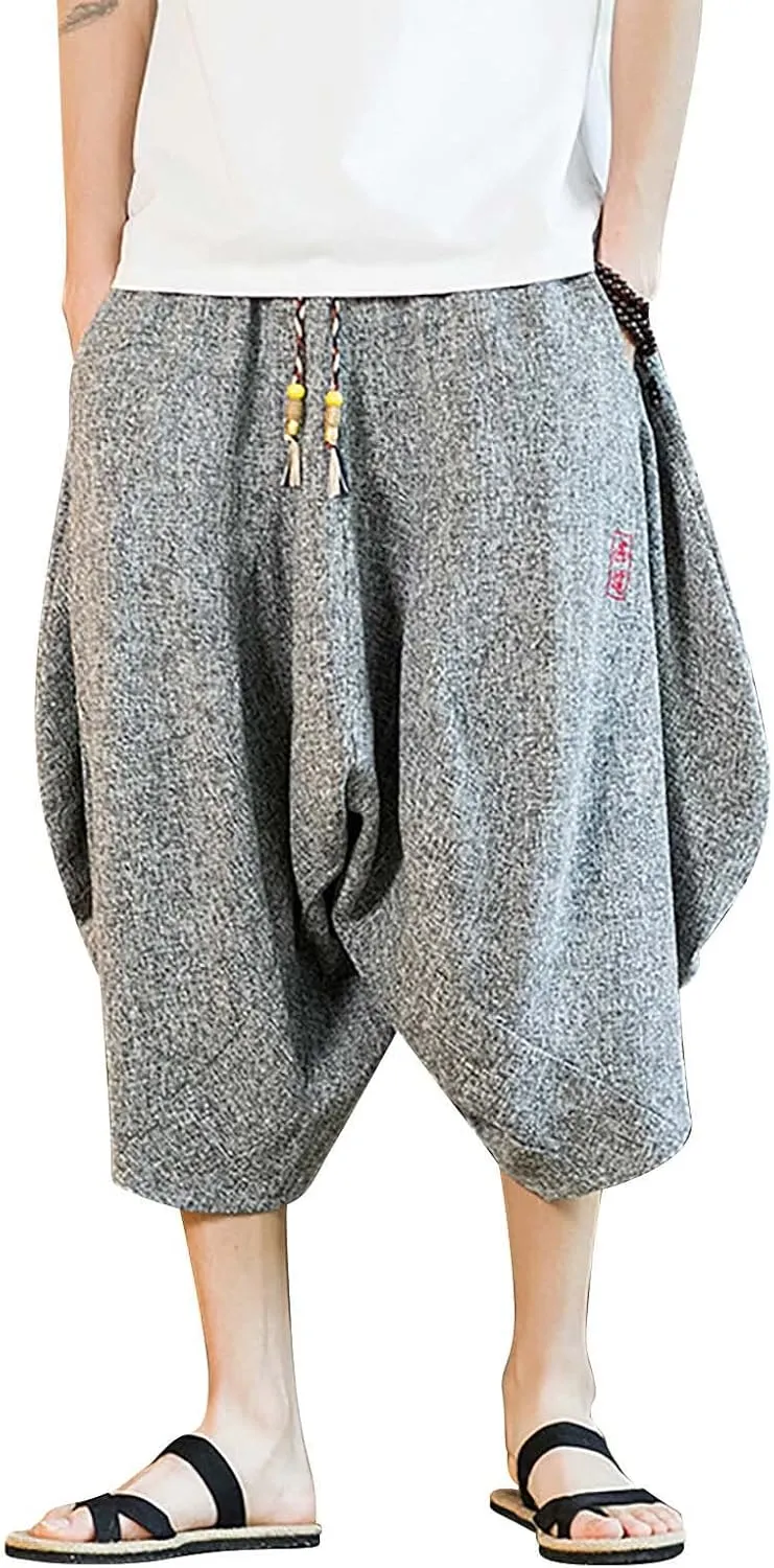 SUWBMHWE Japanese Clothes for Men Linen Harem Pants Beach Casual Comfy Yoga Mens Any Occasion with Pockets Boho Lounge