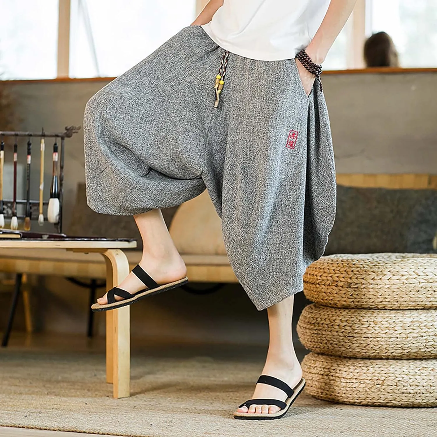 SUWBMHWE Japanese Clothes for Men Linen Harem Pants Beach Casual Comfy Yoga Mens Any Occasion with Pockets Boho Lounge