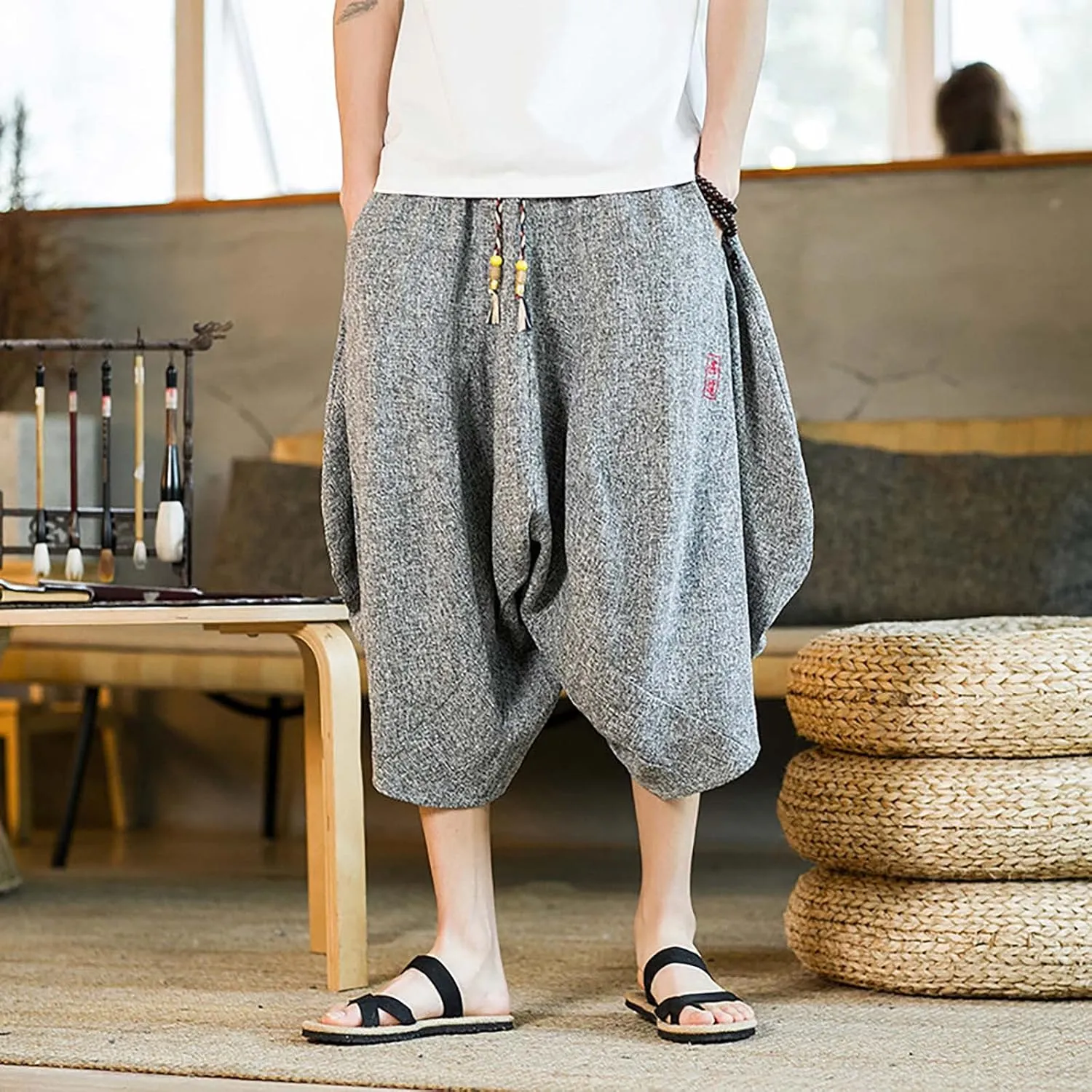 SUWBMHWE Japanese Clothes for Men Linen Harem Pants Beach Casual Comfy Yoga Mens Any Occasion with Pockets Boho Lounge