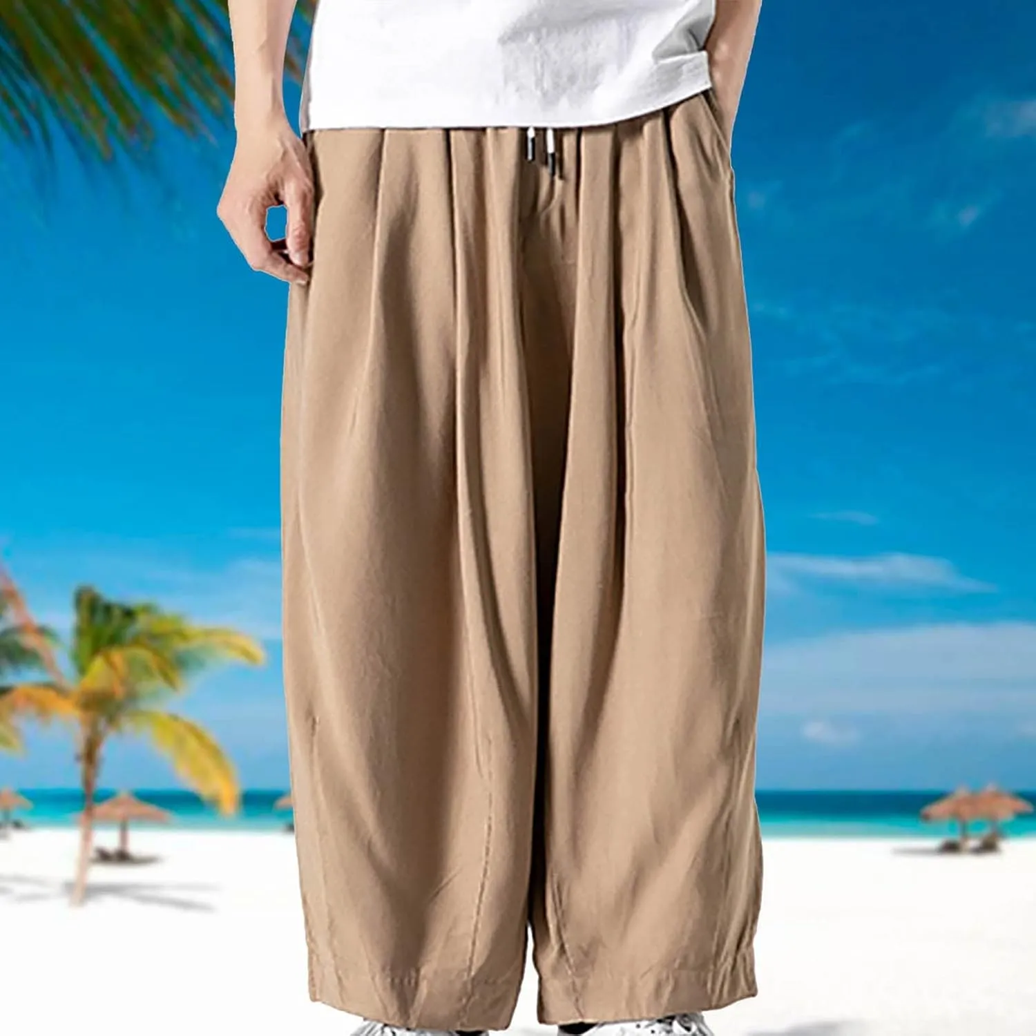 SUWBMHWE Mens Harem Pants Men Summer Beach Lounge Hippie Linen Graphic Wide-Leg Trousers Boho Toji Baggy Plus Size