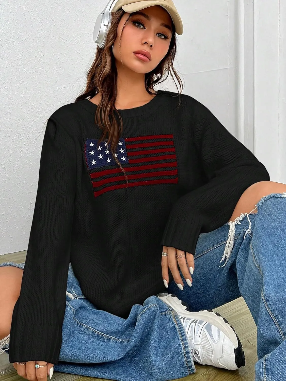 SweatyRocks Women's Flag Pattern Long Sleeve Round Neck Sweater Casual Loose Pullover Sweater