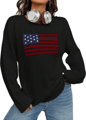 SweatyRocks Women's Flag Pattern Long Sleeve Round Neck Sweater Casual Loose Pullover Sweater