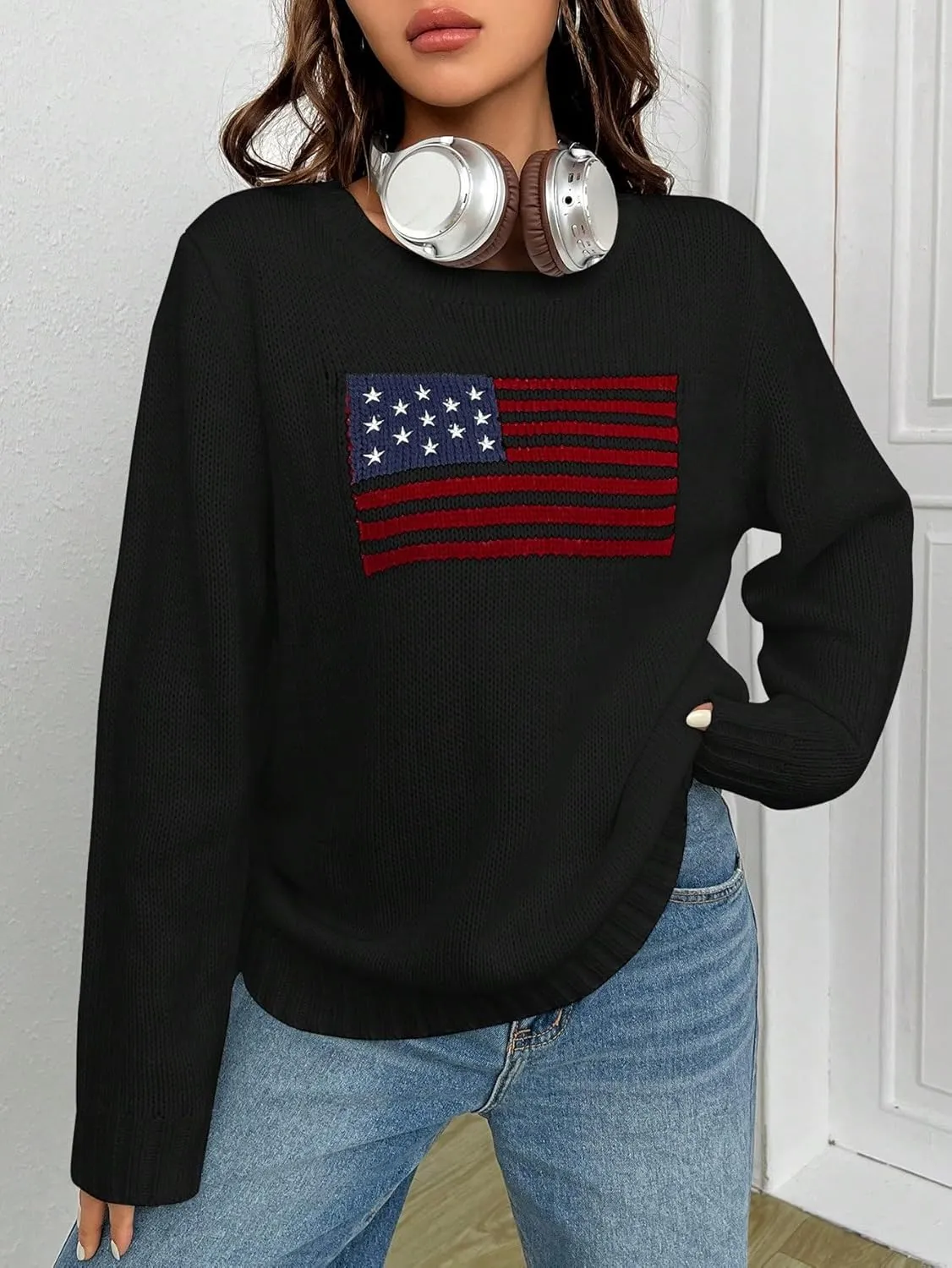 SweatyRocks Women's Flag Pattern Long Sleeve Round Neck Sweater Casual Loose Pullover Sweater