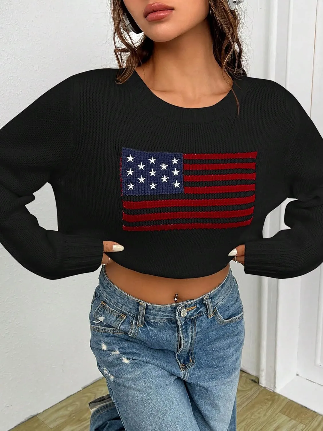SweatyRocks Women's Flag Pattern Long Sleeve Round Neck Sweater Casual Loose Pullover Sweater