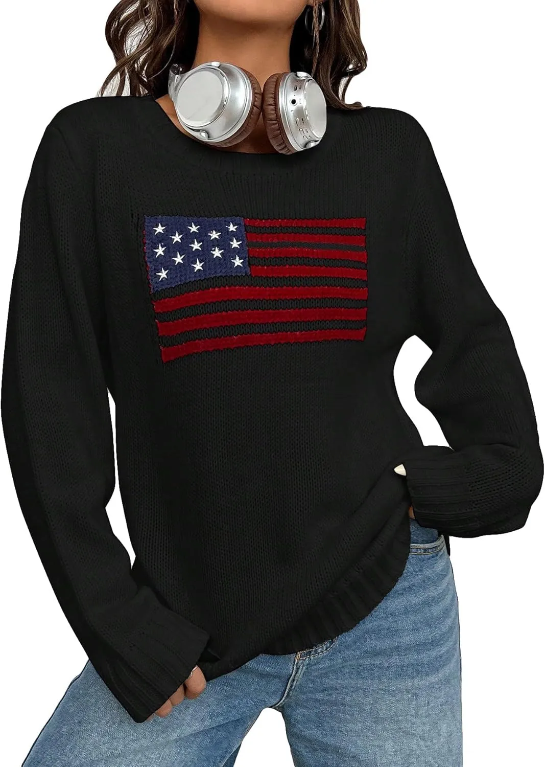 SweatyRocks Women's Flag Pattern Long Sleeve Round Neck Sweater Casual Loose Pullover Sweater