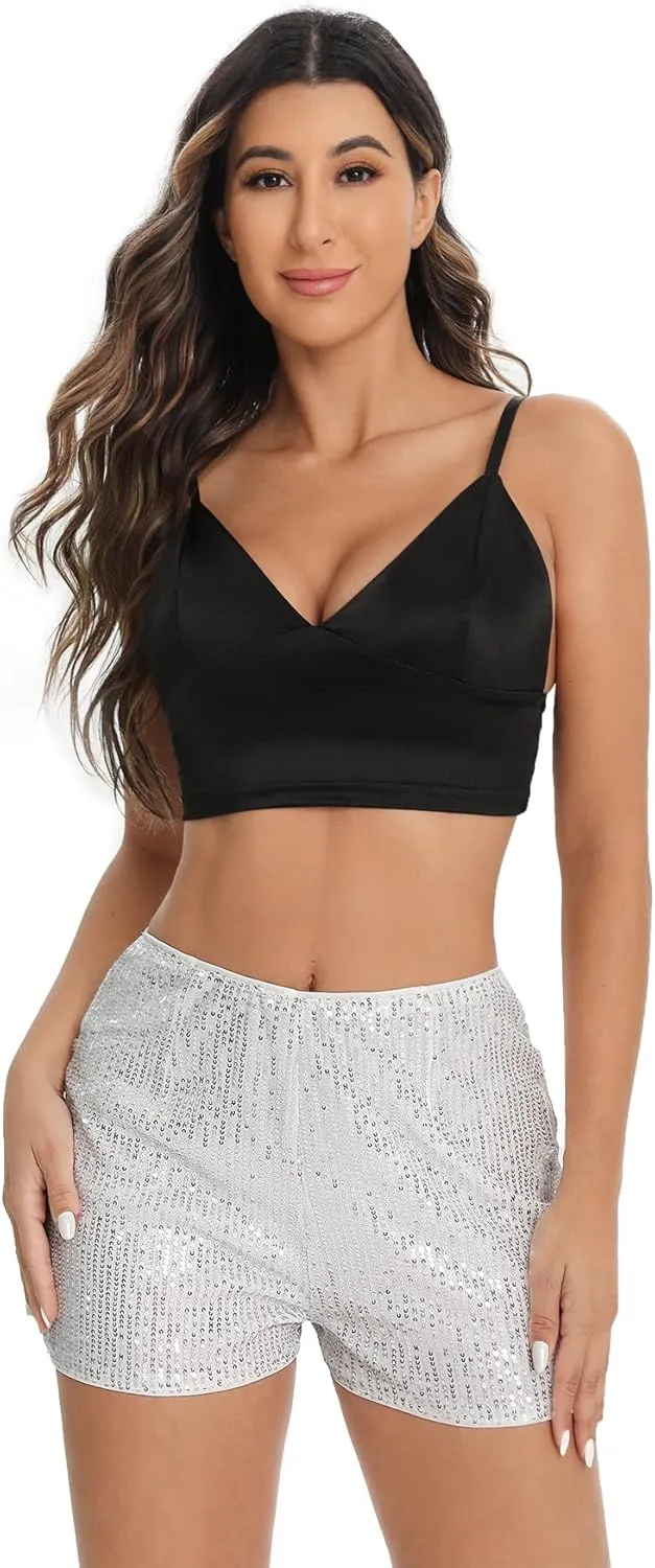 SweatyRocks Women's Sequins High Elastic Waist Straight Leg Shorts Solid Glitter Party Shorts