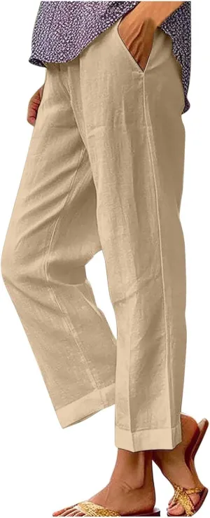 TARIENDY Cotton Linen Pants for Women Loose Fit Summer Casual Trousers Trendy Plus Size Wide Leg Beach Vacation Outfits