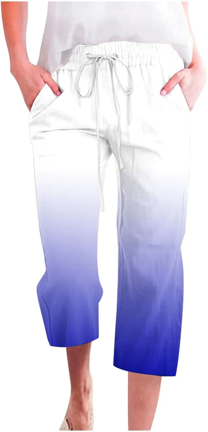 TARIENDY Plus Size Capris for Women Women's high Waist Boho Capris Summer Straight Leg Outfits Elastic Drawstring Pants