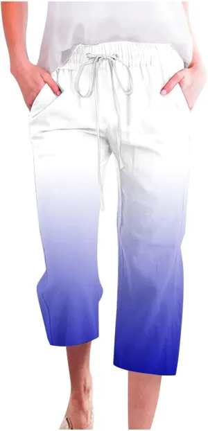 TARIENDY Plus Size Capris for Women Women's high Waist Boho Capris Summer Straight Leg Outfits Elastic Drawstring Pants