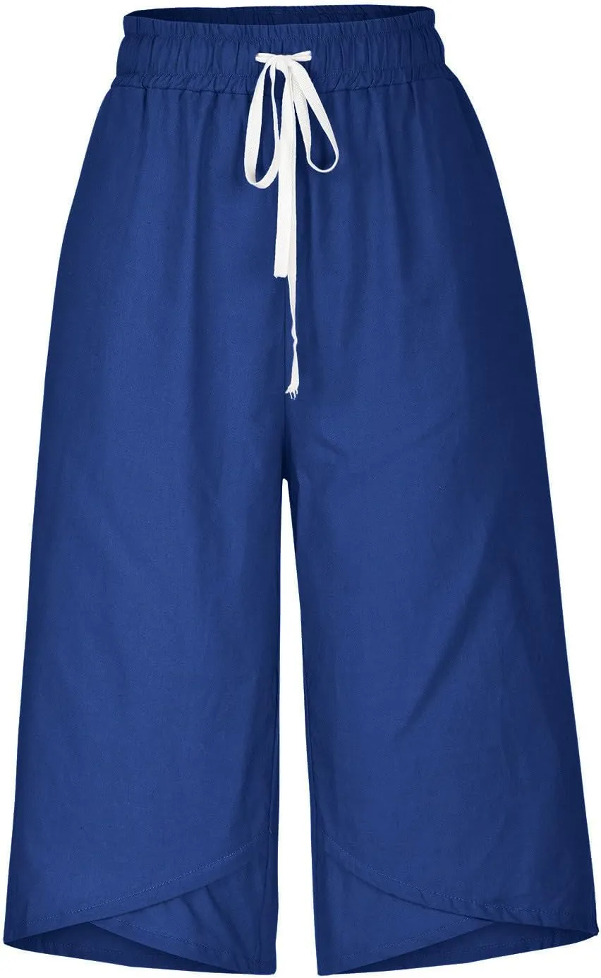 TARIENDY Wide Leg Capri Pants for Women Cotton Linen High Waist Casual Summer Pant Loose Comfy Fit Drawstring Lounge Capris