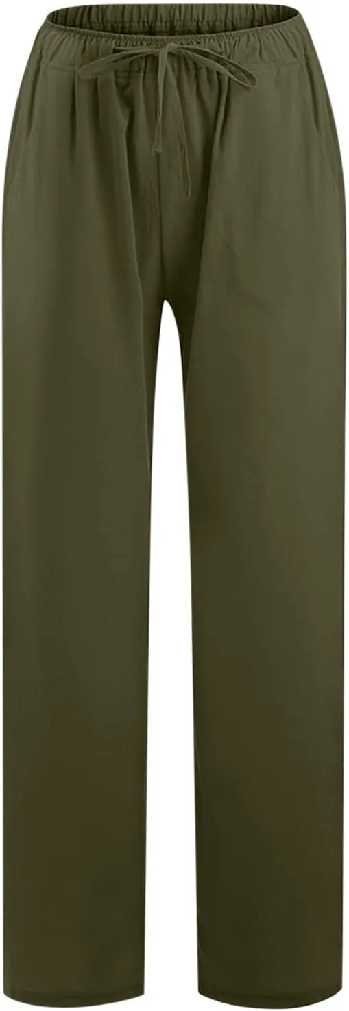 TARIENDY Women's Cotton Linen Pants Drawstring Elastic High Waist Wide Leg Lounge Palazzo Trousers Beach Vacation Outfits