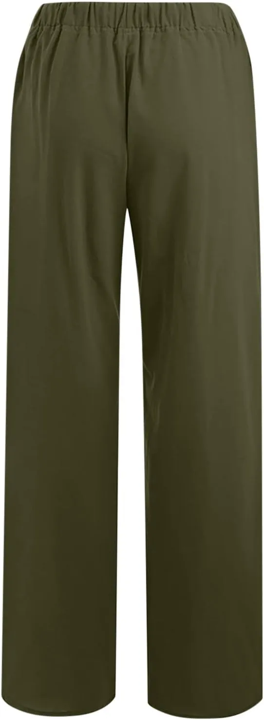 TARIENDY Women's Cotton Linen Pants Drawstring Elastic High Waist Wide Leg Lounge Palazzo Trousers Beach Vacation Outfits