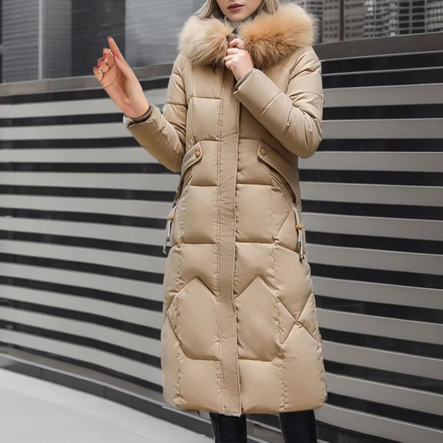 TIMIFIS Down Jacket Women with Fur Hood Plus Size Long Puffer Coats Chunky Quilted Overcoats Winter Warm Parka with Pocket