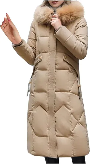 TIMIFIS Down Jacket Women with Fur Hood Plus Size Long Puffer Coats Chunky Quilted Overcoats Winter Warm Parka with Pocket