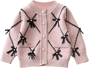 Toddler Girls Cardigan Sweater Button Knit Sweater Kids Bowknot Size 2-7T