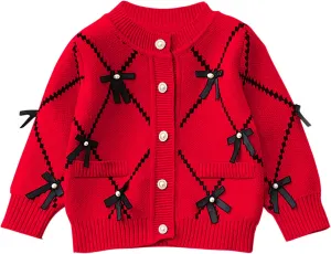 Toddler Girls Cardigan Sweater Button Knit Sweater Kids Bowknot Size 2-7T