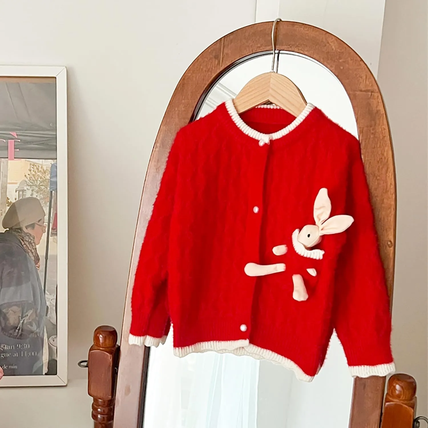 Toddler Girls Cardigan Sweater Kids Button Knit Sweater with Rabbit Doll Size 2-7T