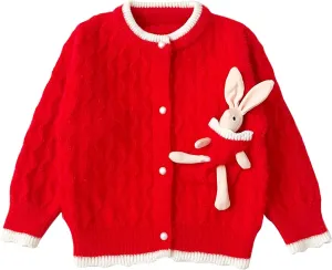 Toddler Girls Cardigan Sweater Kids Button Knit Sweater with Rabbit Doll Size 2-7T