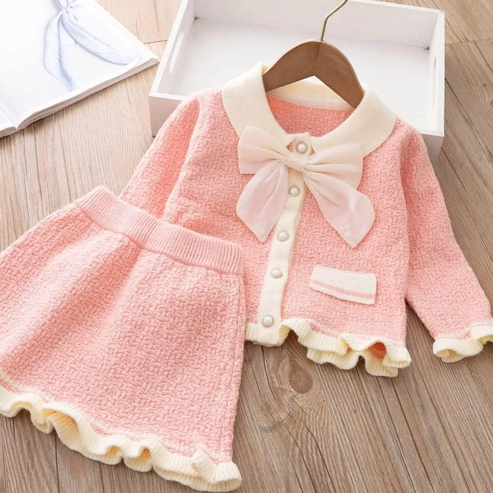 Toddler Girls Fall Winter Outfit Knitted Buttons Sweater Top Mini Skirt Ruffle Long Sleeve Tutu Dress 2PCS Clothes Set