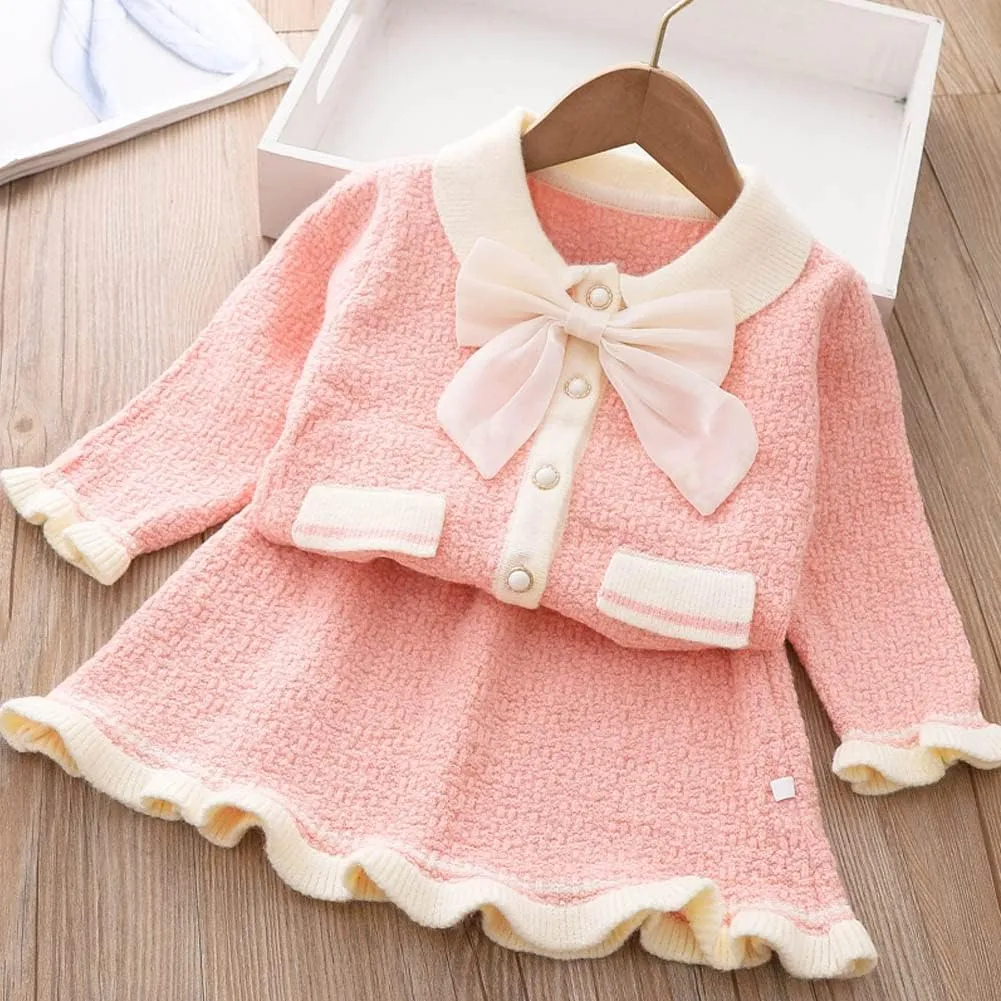 Toddler Girls Fall Winter Outfit Knitted Buttons Sweater Top Mini Skirt Ruffle Long Sleeve Tutu Dress 2PCS Clothes Set